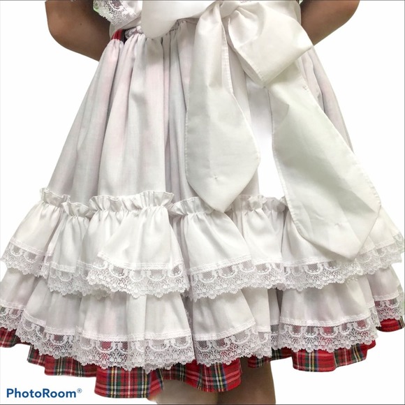 Vintage Golden Age Full Circle Plaid Pinafore Party Dress Ruffles Lace 80s - Picture 9 of 12